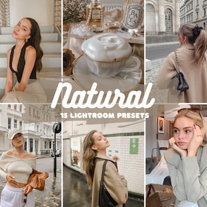 May include: A collage of images featuring women in various settings. The images are edited with a warm, natural filter. The text "Natural 15 Lightroom Presets" is displayed in the center of the collage.