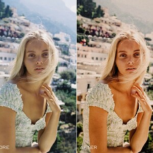 Puede incluir: Una mujer con el pelo largo y rubio lleva un vestido floral blanco y verde con un escote con volantes. Est&aacute; de pie frente a un edificio blanco con vistas a una ciudad en el fondo.