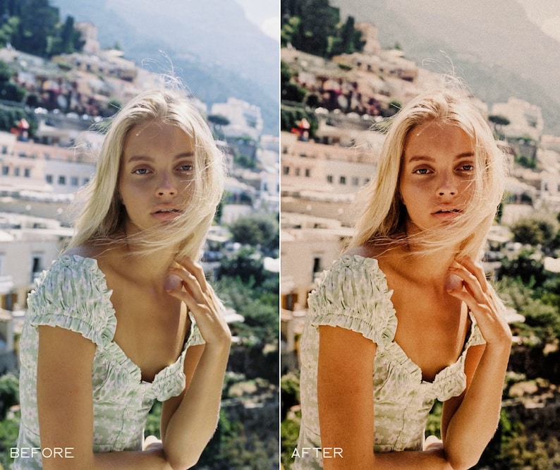 Puede incluir: Una mujer con el pelo largo y rubio lleva un vestido floral blanco y verde con un escote con volantes. Est&aacute; de pie frente a un edificio blanco con vistas a una ciudad en el fondo.