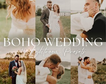 May include: A set of 10 Lightroom presets for wedding photographers, with the text "BOHO WEDDING 10 Lightroom Presets" in white on a light brown background. The presets are designed to give photos a warm, romantic, and bohemian feel.