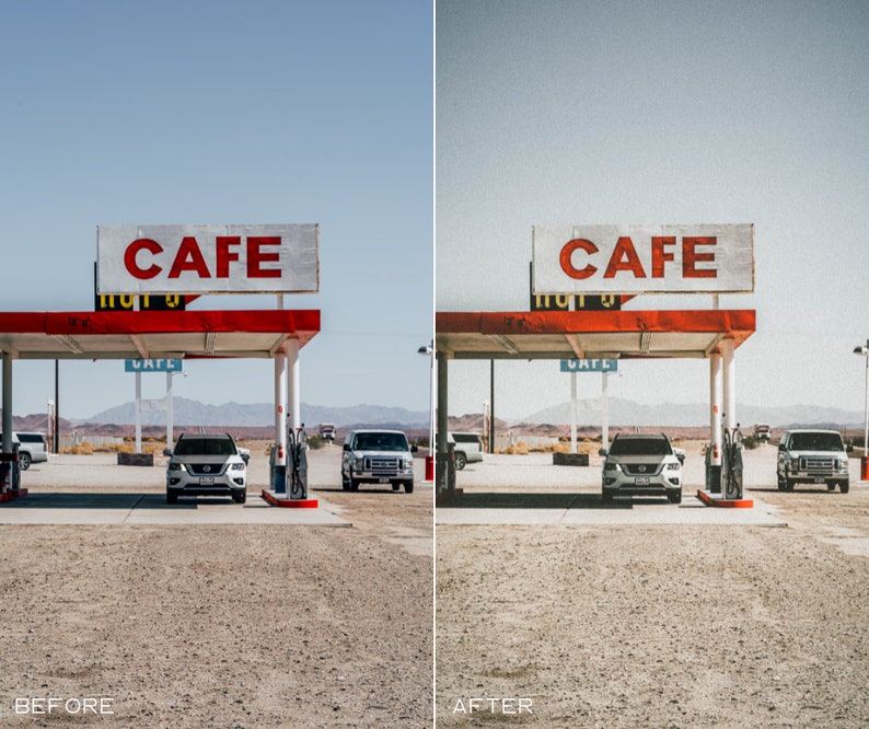 K&ouml;nnte beinhalten: Ein Caf&eacute;-Schild im Vintage-Stil mit dem Wort "CAFE" in roten Buchstaben auf wei&szlig;em Hintergrund. Das Schild ist an einem roten und wei&szlig;en Vordach &uuml;ber einer Tankstelle angebracht. Zwei Autos sind vor den Zapfs&auml;ulen geparkt.