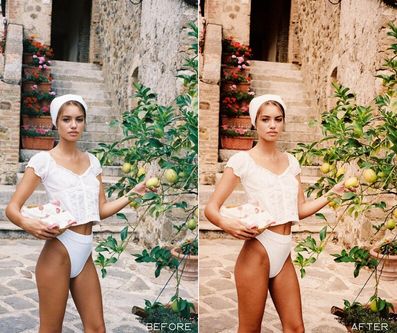 Puede incluir: Una mujer con un top blanco y pantalones blancos se encuentra frente a un limonero. Lleva una cesta con un estampado floral. El fondo es una pared de piedra con escalones.