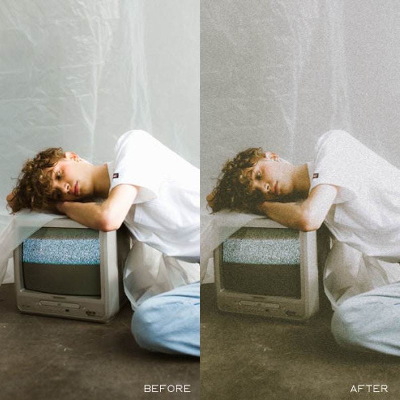 May include: A person laying on a vintage television with a white shirt and blue jeans. The television has static on the screen. The background is a white textured wall.