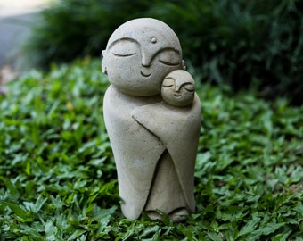 Jizo Buddha with Baby 8 Inch / 20 cm, Buddha Sculpture, Gift for Mom, Zen Buddha, Garden Decor, Children Guardian, Traveler Guardian