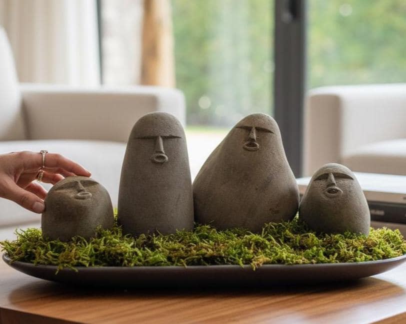 面白い石の顔、石の顔の置物、石の彫刻の顔、面白い顔、石の彫刻、庭の