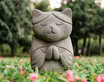 Kattenmeditatie 20 cm, kat mediteren, kat Jizo, steenhouwen, kattenliefhebber, woondecoratie, tuindecor, terrasdecor