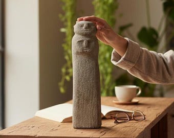 Betonnen totemsculptuur, primitief standbeeld met twee gezichten, tuindecor (8 inch)