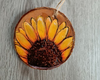 Handgemalte Sonnenblumen auf mini Holzscheib