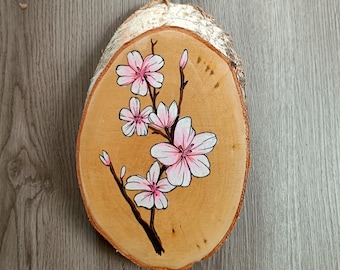 Sakura Kirschblüten handgemalt auf Holzscheibe