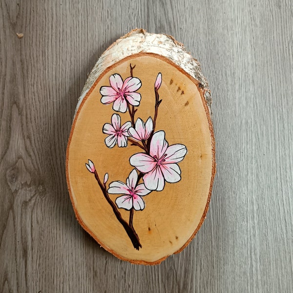 Sakura Kirschblüten handgemalt auf Holzscheibe