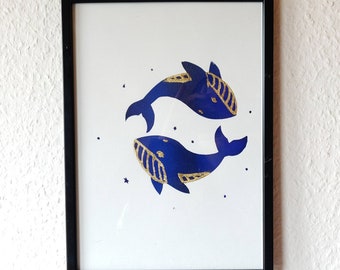 Siebdruck - handgedruckt Wale mit Blattgold