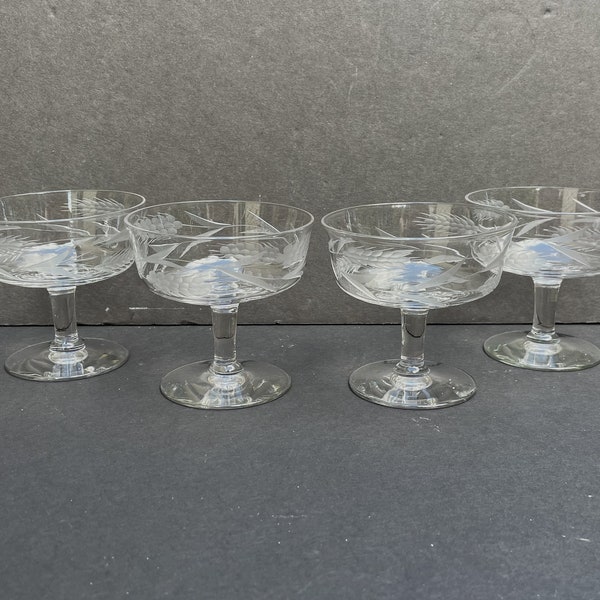 Etched Glass Footed Dessert Dishes | Set of four vintage dessert dishes | Etched wheat design