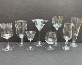 Set of Eight (8)  mismatched barware | Mismatched Glassware | Wine | Cocktail Glasses | Cordial Glass | etched glasses | Margarita