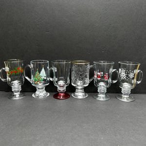 Set of six (6) mismatched Glass Hot Toddy Glasses Christmas Themed  | Irish Coffee Glasses | Glass Coffee Mug | Footed Glass Mug with Handle