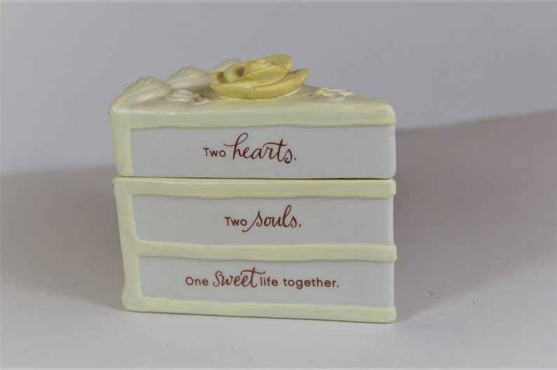 Yellow and White Vintage Hallmark Wedding Cake Slice Porcelain Trinket Box