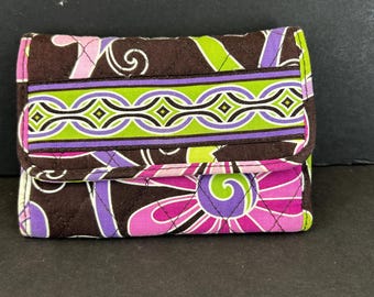 Vera Bradley Purple Punch Wallet w/ pink flowers on a brown background with purple and lime green accents