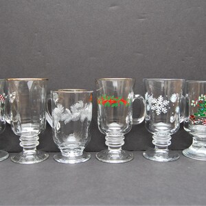 Set of six (6) mismatched Glass Hot Toddy Glasses Christmas Themed  | Irish Coffee Glasses | Glass Coffee Mug | Footed Glass Mug with Handle