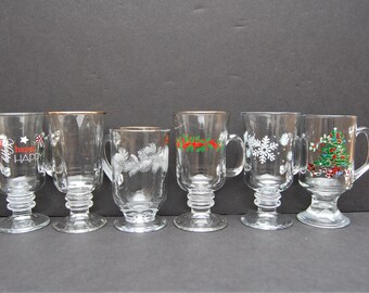Set of six (6) mismatched Glass Hot Toddy Glasses Christmas Themed  | Irish Coffee Glasses | Glass Coffee Mug | Footed Glass Mug with Handle