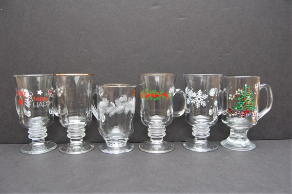 Set of Six 6 Mismatched Glass Hot Toddy Glasses Christmas Themed Irish  Coffee Glasses Glass Coffee Mug Footed Glass Mug With Handle 