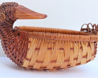 Ancienne CORBEILLE OSIER Forme Canard Vert Bec Orange H 30 Cm