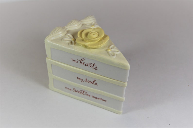 Yellow and White Vintage Hallmark Wedding Cake Slice Porcelain Trinket Box