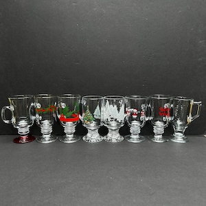 Set of eight (8) mismatched Glass Hot Toddy Glasses | Irish Coffee Glasses | Glass Coffee Mug | Footed Glass Mug with Handle | Drink Markers