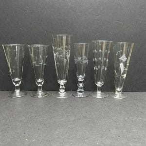 Vtg Set of 6 etched pilsner beer glasses | mismatched etched pilsner beer glasses |
