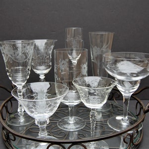 Set of Eight (8)  mismatched barware | Mismatched Glassware | Wine | Cocktail Glasses | Cordial Glass | etched glasses | Margarita