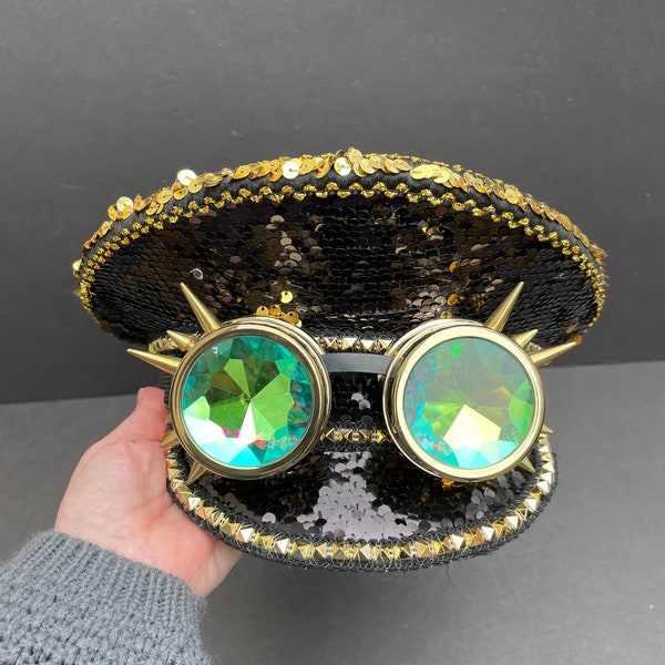 Steampunk Sequined Hat with goggles | Burning Man | Captain's Hat | Goggles | Cosplay | Rave Hat | Concert Hat