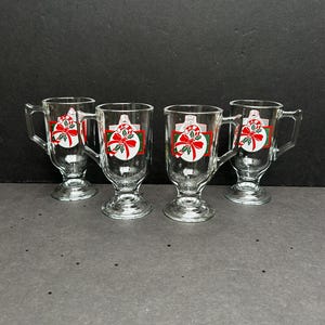 Set of 4 Christmas Candy Cane with Ribbon Glass Hot Toddy Glasses Christmas Themed  | Irish Coffee Glasses | Footed Glass Mug with Handle