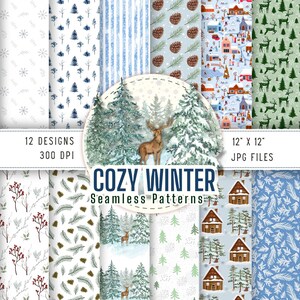Winter Digital Paper | Seamless Pines, Deer, Cabins (Instant Download)
