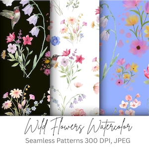 May include: Three vertical panels displaying watercolor seamless patterns of wildflowers and hummingbirds. The left panel has a black background, the center panel is white, and the right panel is light blue. Text reads: Wild Flowers Watercolor.
