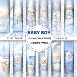 Peut inclure: Un ensemble de papiers numériques sur le thème d'un bébé garçon, avec des illustrations à l'aquarelle. Les motifs comprennent des ours en peluche, des ballons et d'autres éléments liés aux bébés dans des tons de bleu. Le texte de l'image indique "BABY BOY", "12 Seamless Patterns" et "24 JPG Files".