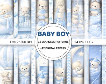 Baby Boy Digital Paper Pack | Blue Nursery Seamless Patterns | Teddy Bear Baby Shower Scrapbook | 12x12 JPG | Instant Download