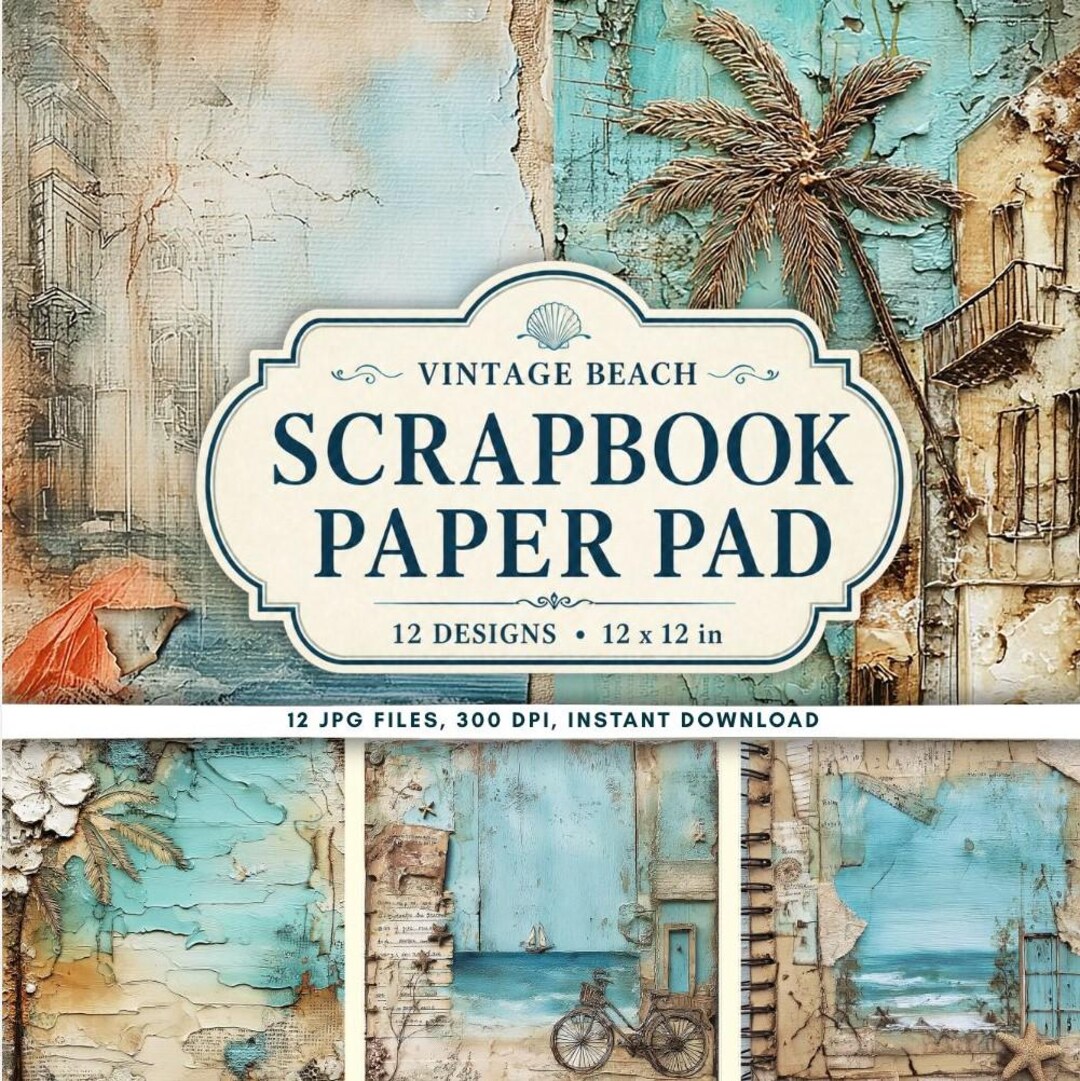 Vintage Beach Digital Paper Pack, 12x12 Coastal Scrapbook Pages, Ocean ...