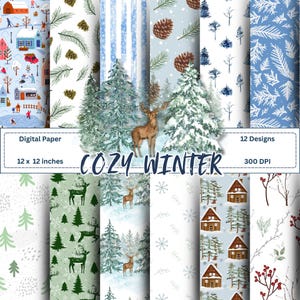 Winterplakboekpapier | Naadloze dennen, herten, hutten (digitale download)