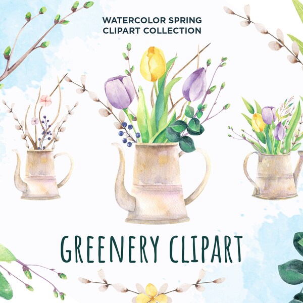 Watercolor floral summer clipart collection, Happy spring clipart plants, Greenery flower, gardening clip art, Leaf botanical clipart