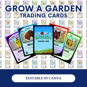 Può includere: Una collezione di carte collezionabili "Grow-A-Garden" con illustrazioni di animali. Le carte presentano testi come "Orangutan", "Blood Owl" e "Bee". Lo sfondo mostra altre immagini di carte. È presente anche la frase "Editable in Canva".