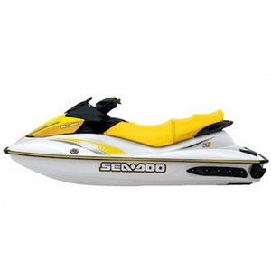 May include: A white and yellow Sea-Doo personal watercraft with black accents. The watercraft has a black seat and a black steering wheel. The Sea-Doo logo is visible on the side of the watercraft.