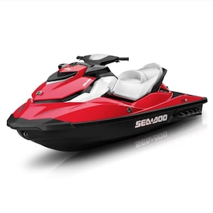 May include: A red and white Sea-Doo personal watercraft with a black seat and black accents. The watercraft is on a white background.