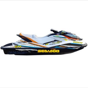 May include: A white, black, orange and blue Sea-Doo GTI jet ski with a black and white chequered pattern and the text "Sea-Doo" and "GTI" on the side.
