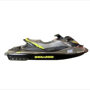 May include: A black and gray Sea-Doo personal watercraft with a yellow and gray seat. The watercraft has a black and gray hull and a yellow Sea-Doo logo on the side.