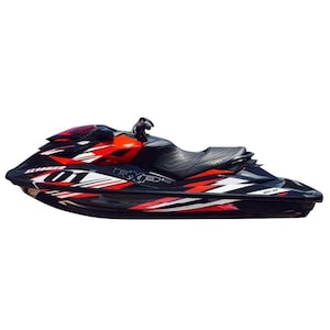 May include: A black and red jet ski with white racing stripes and the word "RXP" on the side. The jet ski has a black seat and a black steering wheel.