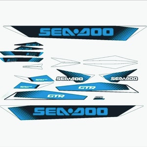 May include: A set of blue and black decals with the text "Sea-Doo" and "GTR" for a Sea-Doo watercraft.