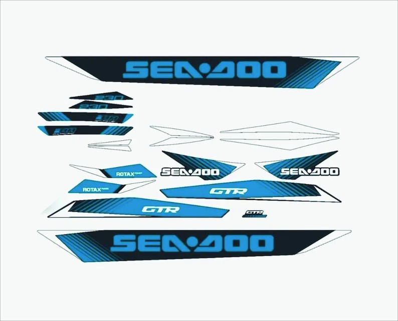 May include: A set of blue and black decals with the text "Sea-Doo" and "GTR" for a Sea-Doo watercraft.