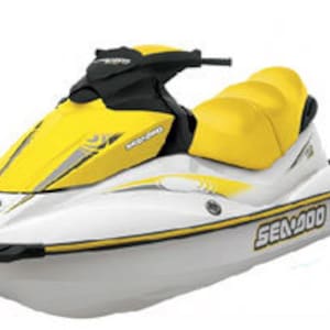 May include: A white and yellow Sea-Doo personal watercraft with the model name "Sea-Doo" and "SE 200" printed on the side.