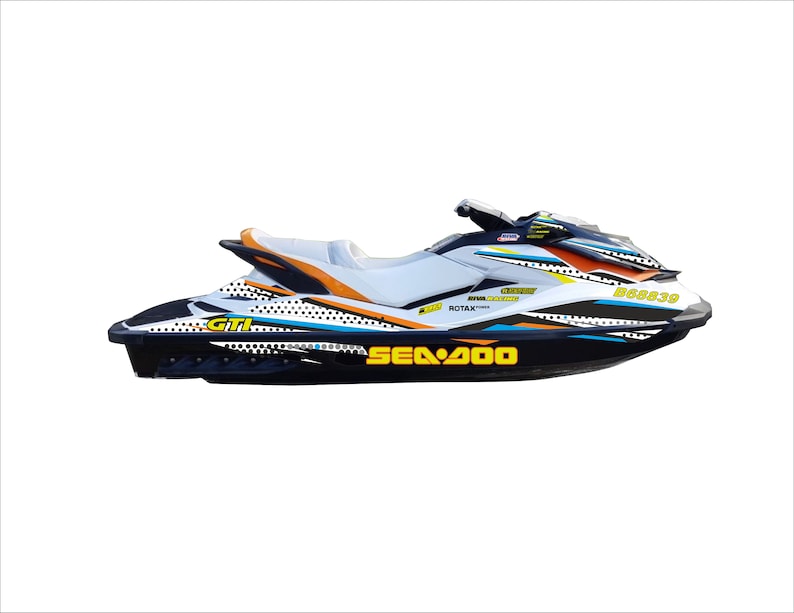 May include: A white, black, orange and blue Sea-Doo GTI jet ski with a black and white chequered pattern and the text "Sea-Doo" and "GTI" on the side.