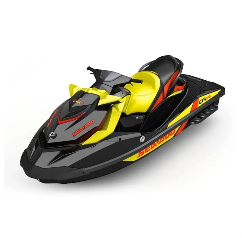 May include: A black and yellow Sea-Doo GTR 230 personal watercraft with red accents. The watercraft has a black seat and a black and yellow hull.