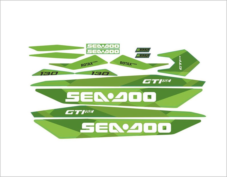May include: Green and white Sea-Doo watercraft decals with the text "Sea-Doo", "GTX 130", "ROTAX", and "130".