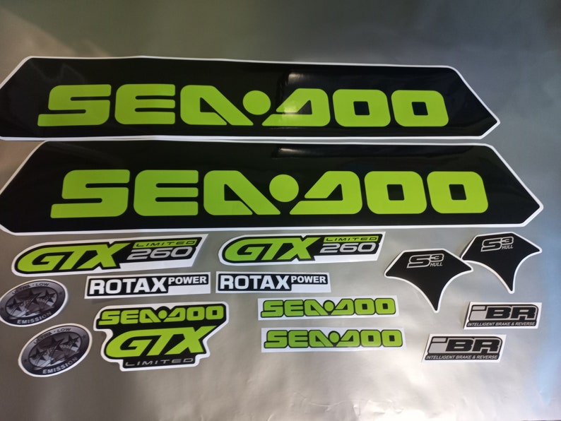 May include: A set of black and green Sea-Doo decals with the text "Sea-Doo", "GTX", "Limited 260", "Rotax Power", "S3 Hull", and "iBR Intelligent Brake & Reverse".
